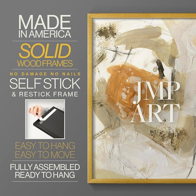 Renditions Gallery Set of 2 Peel & Stick Framed Prints, Neutral Abstract Wall Art, Earthy Tones Blended Brushstrokes Wall Decor, Re-Stickable - Ready to Hang - 11"x14" - GOLD Frame LT588