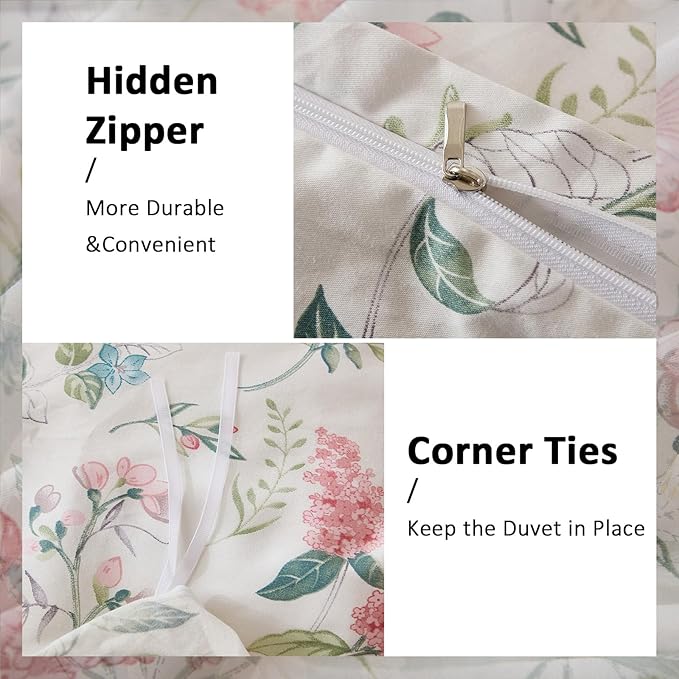 Duvet Cover King Size - 100% Nature Cotton Pink Floral Duvet Cover with Zipper Closure & Corner Ties,3pcs Soft & Breathable Pink Bedding Set with 2 Pillowcases 20"x36"