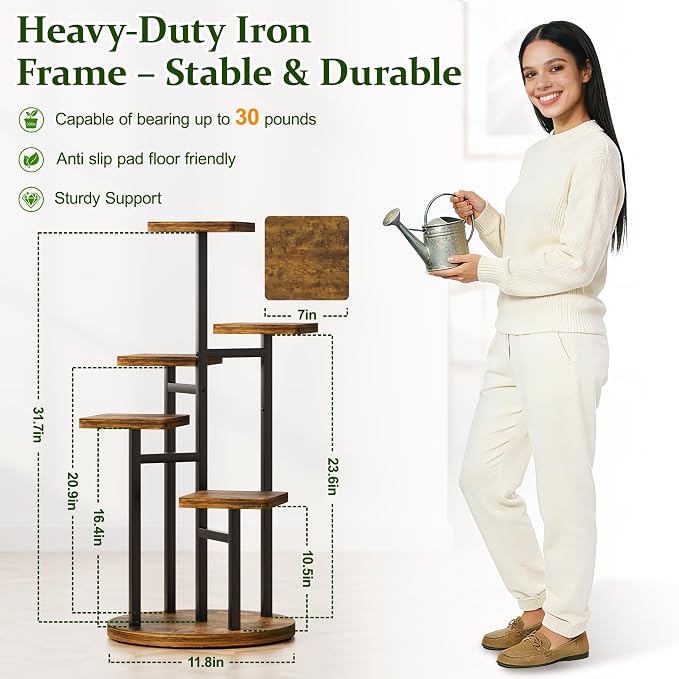 5 Tier Wood Plant Stand Indoor Outdoor, Wood Tall Plant Rack, Heavy Duty Wrought Iron Flower Pot Stand, Planter Display Rack for Living Room Balcony Garden Patio - BlackSquare