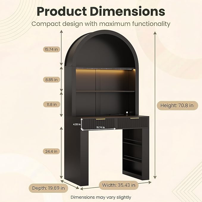 Arched Writing Desk with Hutch, Home Office Desk with 2 Drawers, Secretary Desk with Outlets, 3 Color LED Lights, Open Shelves, Computer Desk for Small Space, Bedroom 35.4" W x 70.8" H (Black)