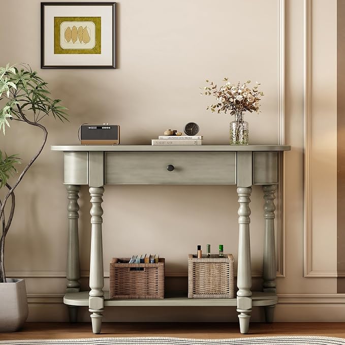 Retro Curved Console Table, 36" Solid Wood Half Moon Console Table Sofa Table Entryway Table with 1 Drawer 1 Open Shelf Roman Legs Curved Corners for Living Room,Entryway,Hallway,Gray