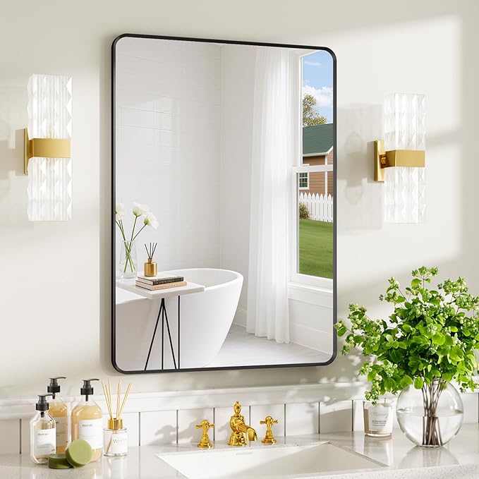 20x28 inch Black Bathroom Mirror, Metal Framed Rounded Rectangle Wall Mount Vanity Mirror, HD Tempered Glass, Aluminum Frame, Horizontal or Vertical Hanging, Modern Home Decor