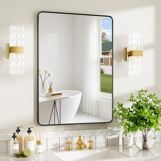 20x28 inch Black Bathroom Mirror, Metal Framed Rounded Rectangle Wall Mount Vanity Mirror, HD Tempered Glass, Aluminum Frame, Horizontal or Vertical Hanging, Modern Home Decor