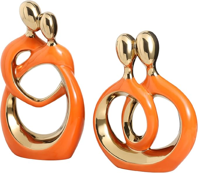 APLUSH Modern Couple Statue Home Decor, Abstract Art Ceramic Sculpture Creative Crafts Living Room Decor for Bedroom Office Coffee Table Shelf Decor,Orange,2pcs