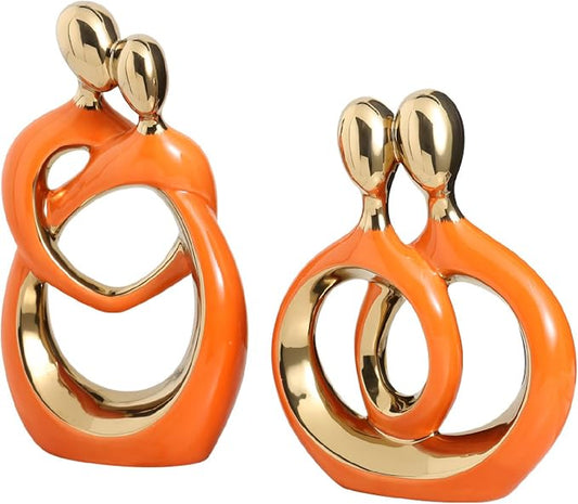 APLUSH Modern Couple Statue Home Decor, Abstract Art Ceramic Sculpture Creative Crafts Living Room Decor for Bedroom Office Coffee Table Shelf Decor,Orange,2pcs