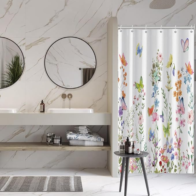 Spring Floral Butterfly Shower Curtain Summer Colorful Wildflowers Botanical Shower Curtain for Rustic Vintage Bathroom Decor Easter Shower Curtain Set 54x72 Inches