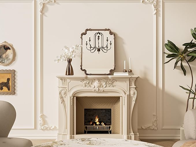 TETOTE Vintage Baroque Gold Rectangle Mirror for Wall 22 x 30 Antique Brass Scroll Rounded Corner Frame French Mantle Mirror for Fireplace Bathroom Living Room Bedroom Decor, Horizontal/Vertical