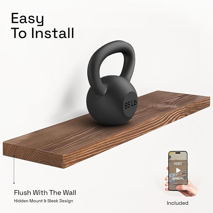 BAOBAB WORKSHOP Wood Floating Shelves for Wall 30 Inches Long, Solid Wooden Bathroom Shelf Large, Heavy Duty Wall Shelf 30 Inch Kitchen Bedroom Rustic Farmhouse, Walnut Shelves, 30W × 6.7D, Set of 2
