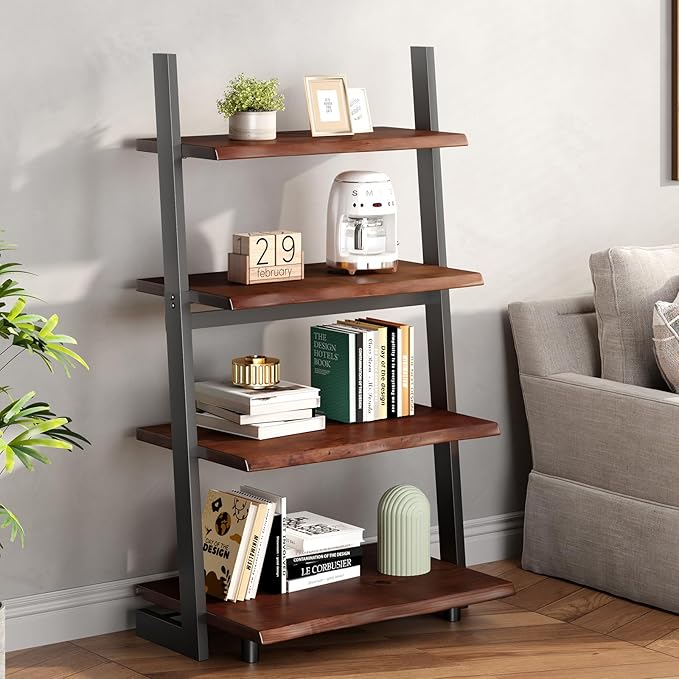 IBF 4-Tier Solid Wood Ladder Bookshelf with Natural Live Edge, Rustic Walnut Storage & Display Leaning Bookcase, Modern Space-Saving Shelf for Living Room, Bedroom, Home Office