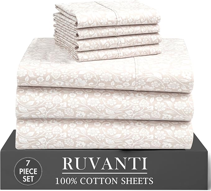 RUVANTI 100% Cotton Percale Sheets Split King Size 7 Piece Set, Cooling Bed Sheets for Hot Sleepers, Deep Pocket 16”, Breathable Lightweight & Durable, Crisp Hotel Style Sheets, Orchid Charm