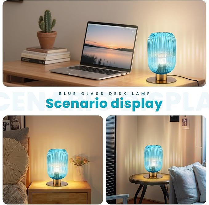 Nightstand Lamps Set of 2, Small Vintage Table Lamp with Gold Metal Base, Coastal Blue Glass Bedside Lamp Decorative Desk Lamp for Bedroom Living Room Study Room