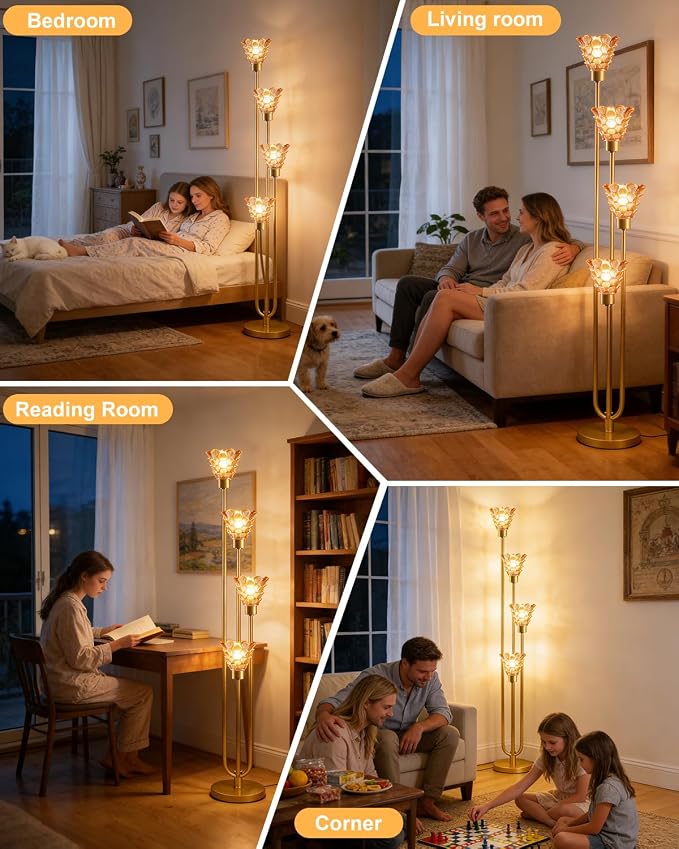 Lightdot Glass Floor Lamp Dimmable 4-Lights Gold with Amber Glass Shade 3000K Bulbs Included Mid Century Modern Standing Tall Lamp with 5Lbs Heavy Base for Living Room/Bedroom/Sofa Beside/Corner Decor