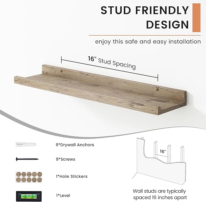 Floating Picture Ledge Shelves Set of 4, 24 Inch Shelves with Lip - Large Nursery Book Shelf for Toys Storage, Kids Bookshelf, Living Room, Bedroom Decor Frames
