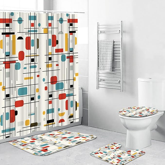 4 Pcs Retro Geometric Block Bathroom Set: Shower Curtain, Bath Mat, Toilet Lid Cover & Rug - Colorful Grid Pattern with Hooks for Mid-Century Modern Decor