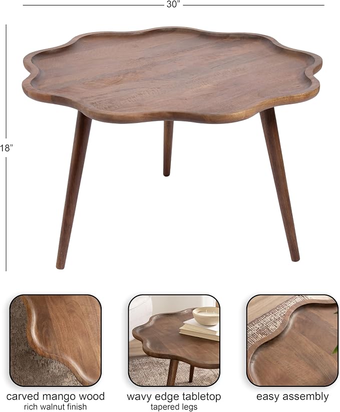 Kate and Laurel Alezar Mid-Century Modern Wavy Round Coffee Table, 30 x 30 x 18, Walnut Brown, Transitional Scalloped Circle Living Room Table with Solid Mango Wood Construction and Tapered Legs