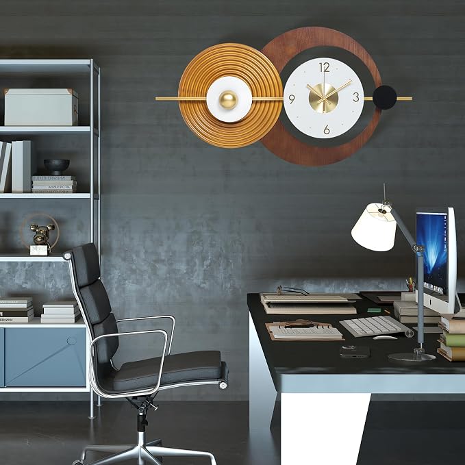 Wall Clock Modern Battery Operated Big Clocks Metal and Wooden Nordic Style Large Brown Wall Watch Decorative Timepiece Perfect for Home,Living,Bedroom 23X15inch
