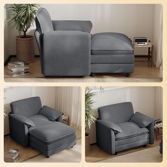 Oversized Chaise Lounge Chair Indoor with Ottoman, Firm Solid Wood Frame with Long Service Life Chenille Oversized Lounge Reading Chair for Study Room - Grey