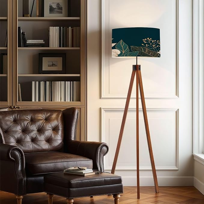 Wood Tripod Floor Lamp Leaves elegance luxury Symbol spring summer season Linear ornament Mid Century Standing Lamp Linen Shade Dimmable Modern Tall lamp Home Decor for Living Room Bedroom Office