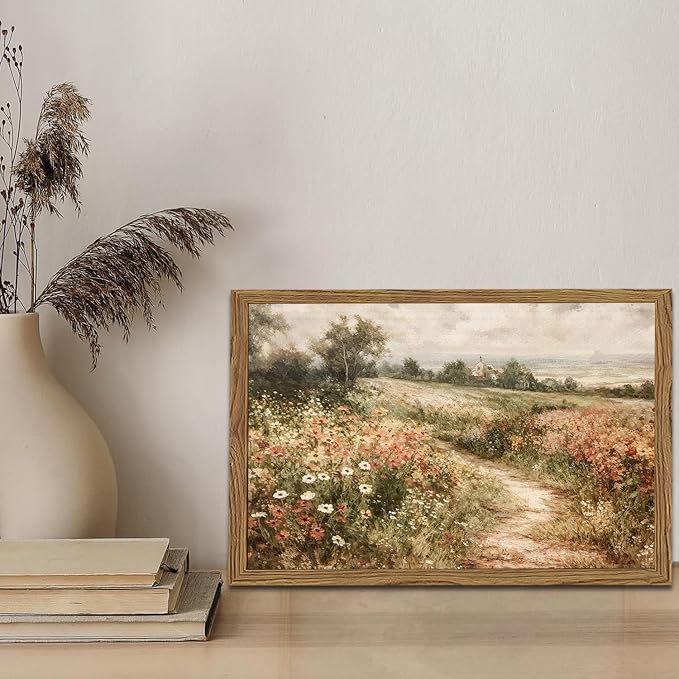 Vintage Floral Wall Art Nature Country Wildflower Wall Decor Painting Modern Botanical Flower Farmhouse Landscape Artwork 3D Textured Sandstone for Living Room Bedroom 16x24 inch Wood Framed
