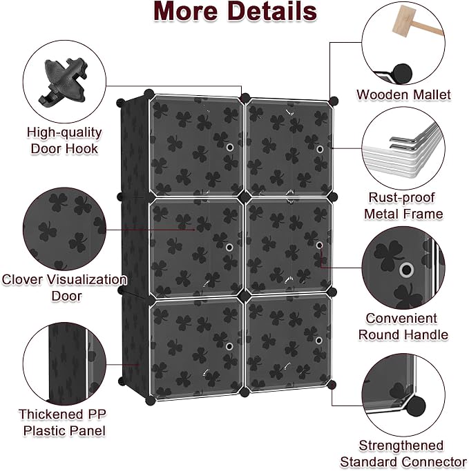 C&AHOME Cube Storage Organizer with Doors, 6-Cube Shelves, DIY Plastic Modular Bookshelf, Closet Clothes Storage Shelving Ideal for Bedroom, Living Room, Clover Embossed, Black
