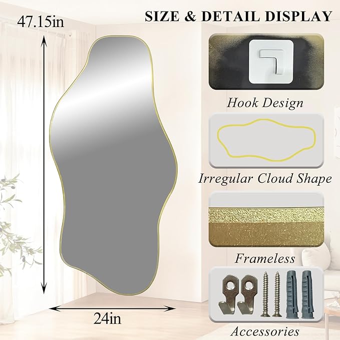 Gold Irregular Wall Mirror, 47.5"x24" Asymmetrical Tempered Glass Mirror Decorative, Modern Abstract Frameless Mirrors for Living Room Bathroom Bedroom Hallway Entryway, Horizontal or Vertical Hanging