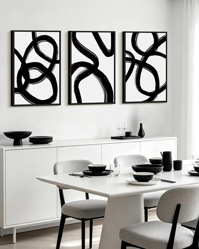 KUVIOKE Black and Gray Abstract Framed Wall Art Ink Wash Minimalist Lines Painting Artwork for Bedroom Hallway 16x24in (Black Framed)