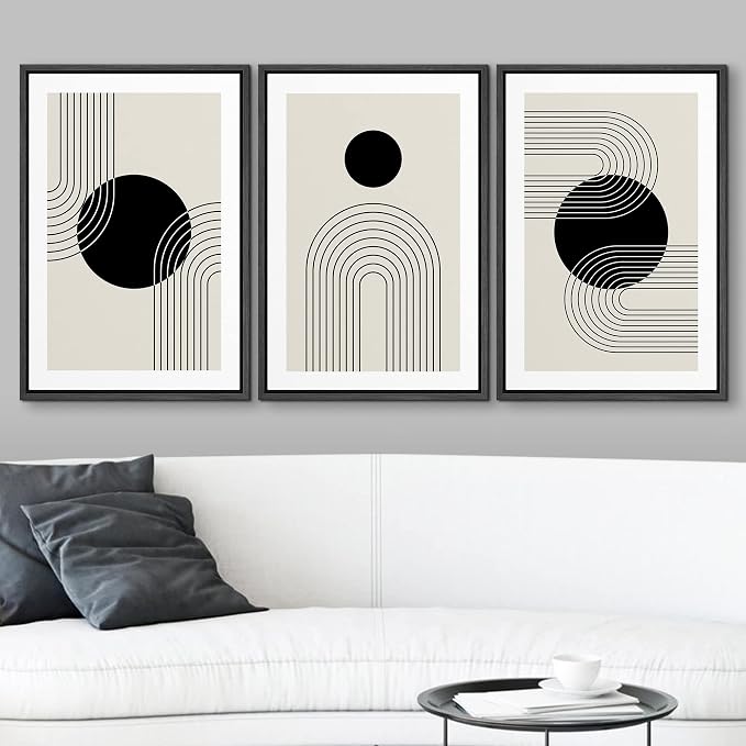 wall26 Framed Wall Art Print Set Boho Black Dots with Swirling Line Art Abstract Patterns Digital Art Modern Art Bohemian Chic Relax/Calm for Living Room, Bedroom, Office - 24"x36"x3 Black