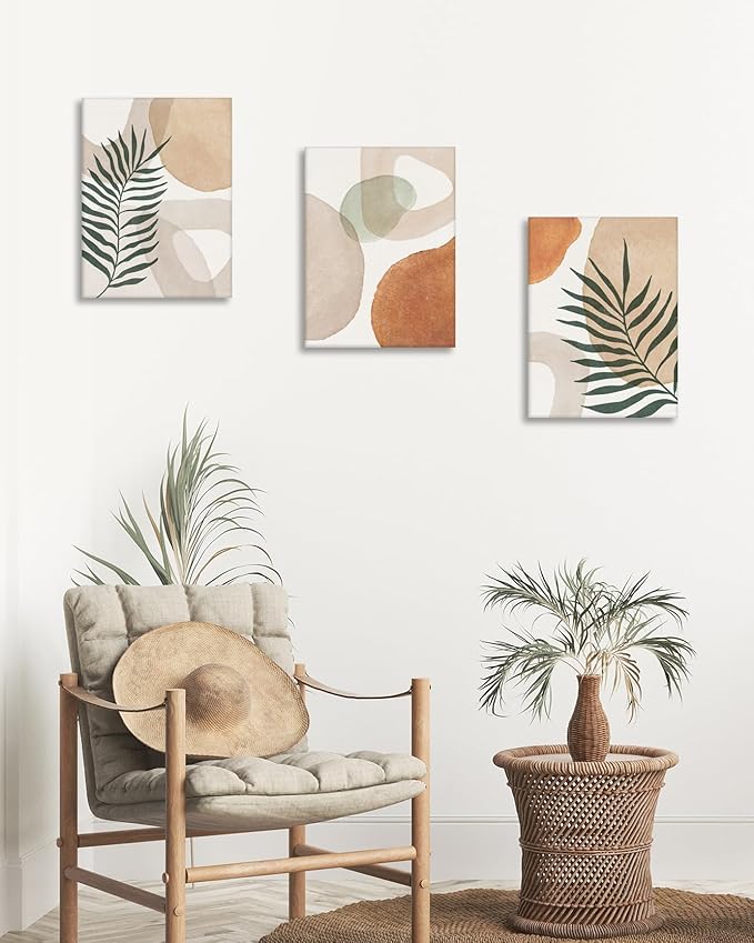 HesenDot Abstract Botanical Wall Art Set of 3, 30x40CM Neutral Plant Framed Canvas Prints, Beige Green Boho Aesthetic Wall Decor for Living Room Bedroom Bathroom Office Home