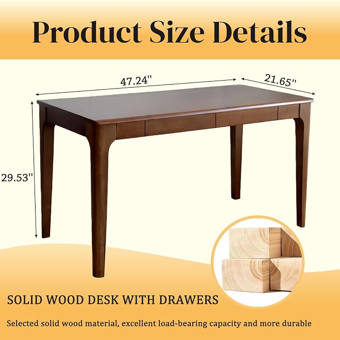 Solid Wood Desk with Drawers, 47" Small Computer Desk for Small Spaces, Standing Desk with Smooth Edges, Mid Century Modern Home Office Desk for Study, Bedroom, Living Room, Office (Walnut, 47")