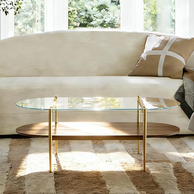 AGV LIGHTING Oval Rectangle Coffee Table with Clear Glass Top, Mid-Century Modern Coffee Table, Walnut MDF Shelf and Glod Metal Legs, Capsule Shape 2 Tier Coffee Table for Living Room, 42 Inch