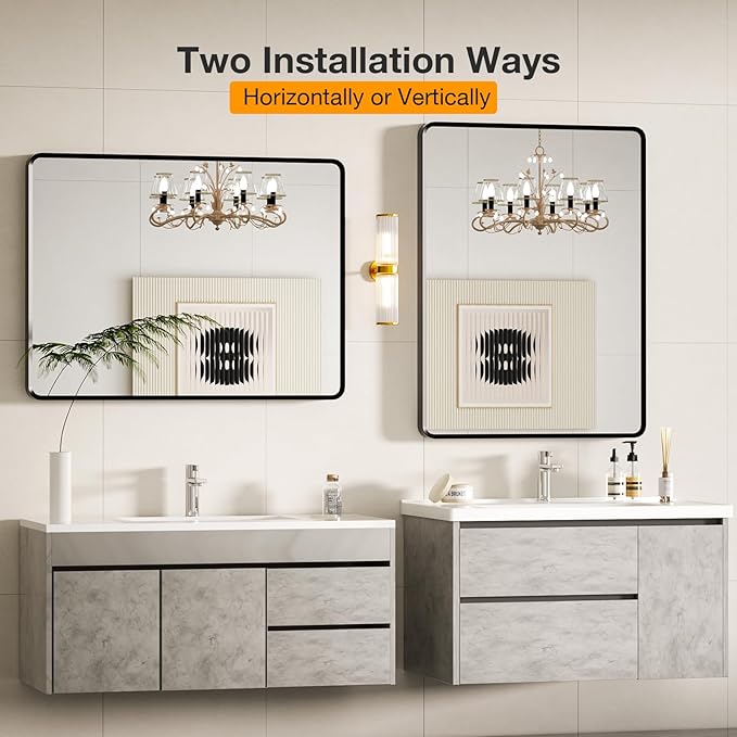 24x36 inch Black Bathroom Mirror, Metal Framed Rounded Rectangle Wall Mount Vanity Mirror, HD Tempered Glass, Aluminum Frame, Horizontal or Vertical Hanging, Modern Home Decor