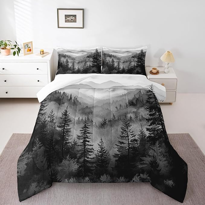 Erosebridal Black White Misty Forest Toddler Bedding Set Jungle Smoky Mountain Comforter Set Nature Foggy Pine Tree Down Comforter for Kids Teens Rustic Nature Woodland Bed Set Bedroom Decor