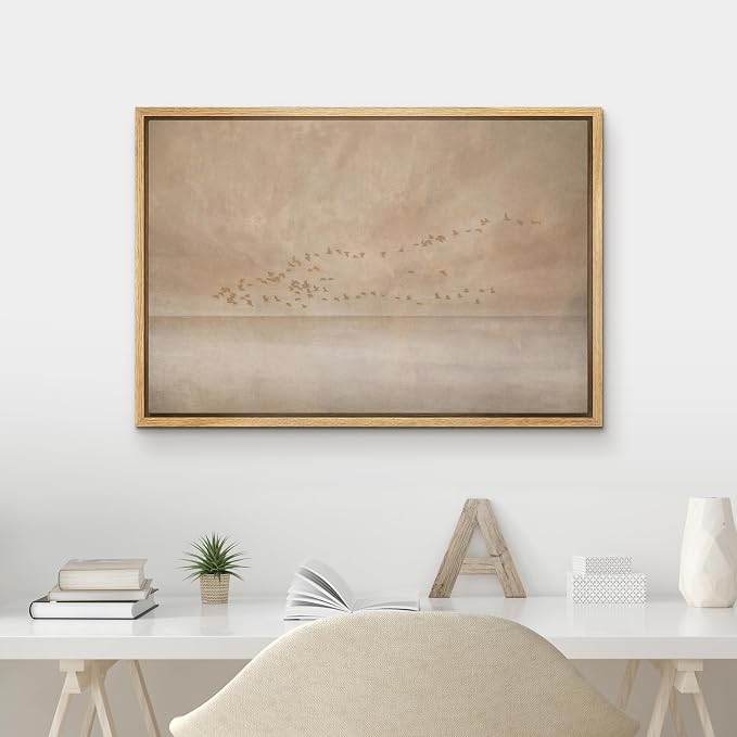 MUDECOR Framed Canvas Print Wall Art Minimalist Flock of Birds Over Neutral Landscape Illustrations Minimalism Decorative Bohemian Zen for Living Room, Bedroom, Office - 24"x36" NATURAL