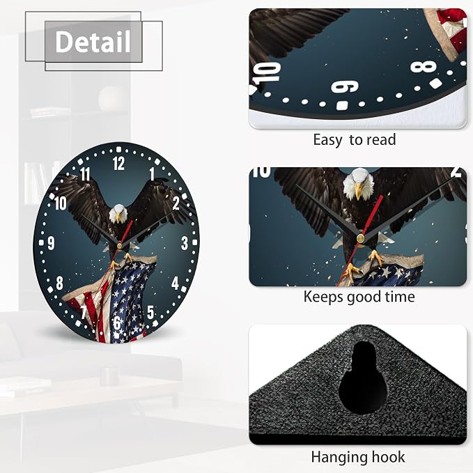 SPUNKER America Flag Eagle Wall Clocks,Patriotic Bald Eagle Wall Clock Battery Operated 10 Inch,Round Clock Silent Non-Ticking Wall Decor for Farmhouse Office Home School Living Room Bedroom