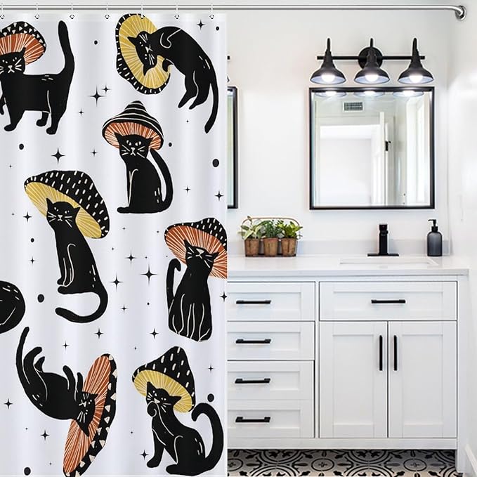 Funny Mushroom Cat Shower Curtain Retro 70s Hippie Funky Cute Cats Aesthetic Art Pattern Duty Fabric Shower Curtains Set Bathroom Polyester Waterproof with 12 Hooks, 55x72Inch（140x183cm）