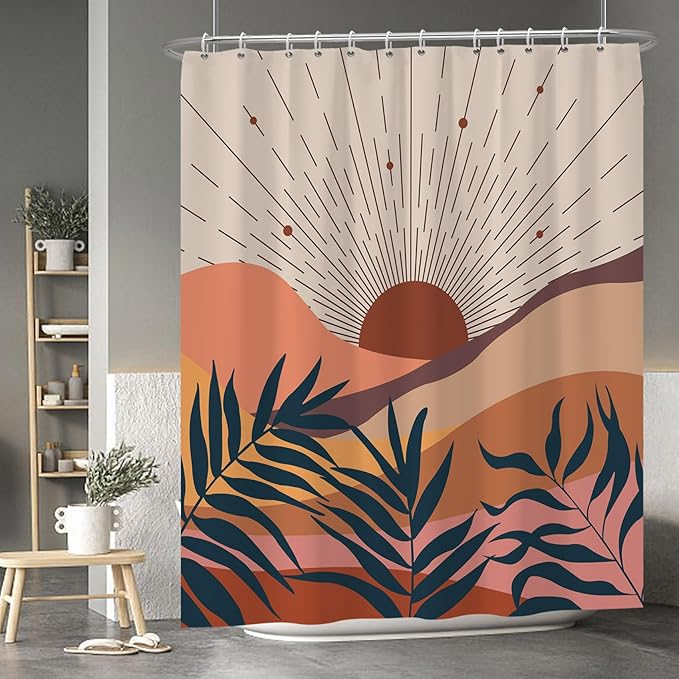 Baocicoo Boho Abstract Sun Shower Curtain Mid Century Sunrise Mountain Shower Curtain for Bathroom Minimalist Aesthetic Bathroom Decorations Waterproof Curtain for Bathroom with Hooks 72x84 Inches