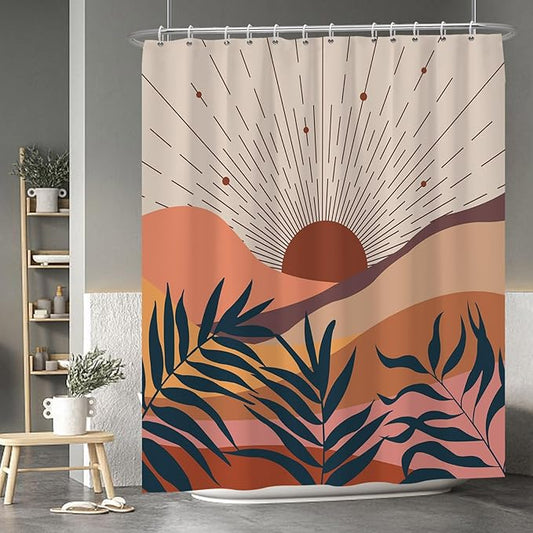 Baocicoo Boho Abstract Sun Shower Curtain Mid Century Sunrise Mountain Shower Curtain for Bathroom Minimalist Aesthetic Bathroom Decorations Waterproof Curtain for Bathroom with Hooks 72x84 Inches