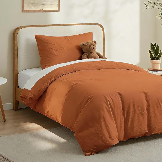 LOVQUE Burnt Orange Cotton Duvet Cover Twin Size, Linen Like Natural Bedding Set with Zipper Closure (No Comforter), 68x90 Inches