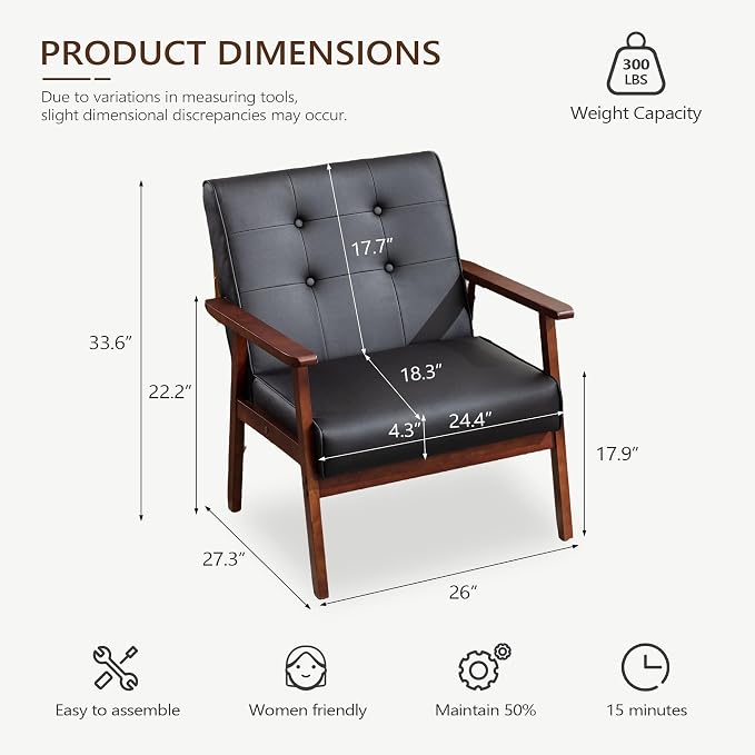 JIASTING Mid-Century Retro Modern Accent Chair Wooden Arm Upholstered Tufted Back Lounge Chairs Seat Size 24.4" 18.3" (Deep) (Square Leg Black)