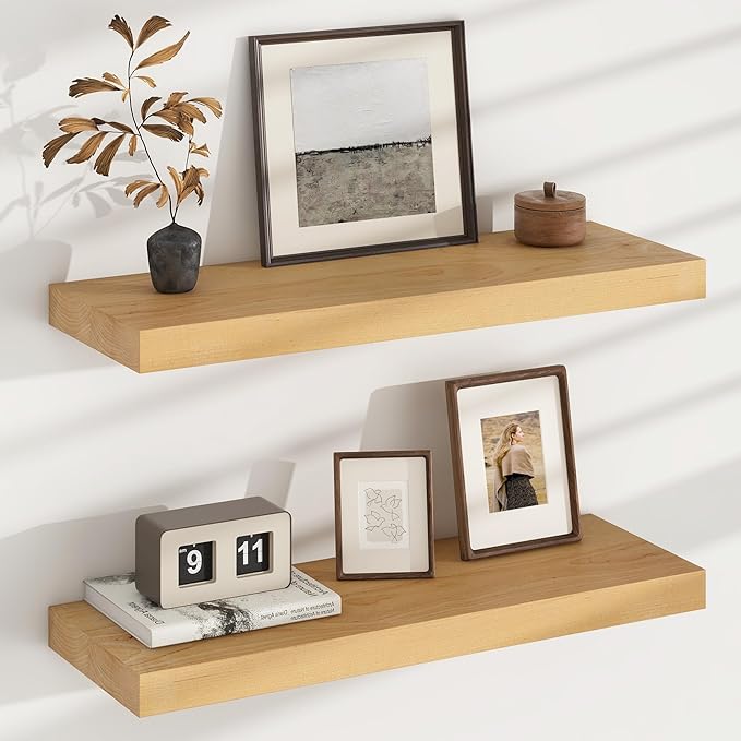 Floating Shelves for Wall, USA-Sourced Brich Wood 24 Inch Wall Shelves Set of 2, Natural Wooden Mounted Picture Ledge Shelf, Nursery Book Storage Shelf Kids Bookshelf Display, Shelf for Bathroom