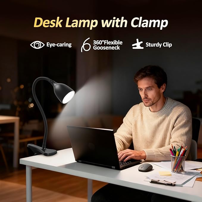 EJIAXIN Desk Lamp for Home Office - Clip on Reading Light and Bed Headboard Clamp Lamp, Bedside Gooseneck Table Lamp, Clip on Desk Lamps, Eye-Caring Desk Lamp for College Dorm Room Study Lamp, Black