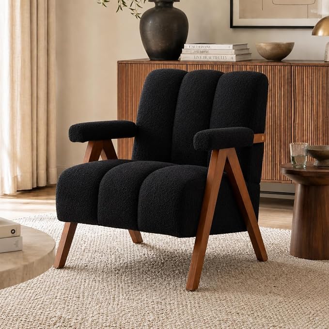 Mid Century Modern Accent Chair with Solid Oak Wood Frame, Upholstered Chenille Lounge Chair with Ergonomic Backrest and Thick Cushion for Living Room Bedroom Balcony, Black