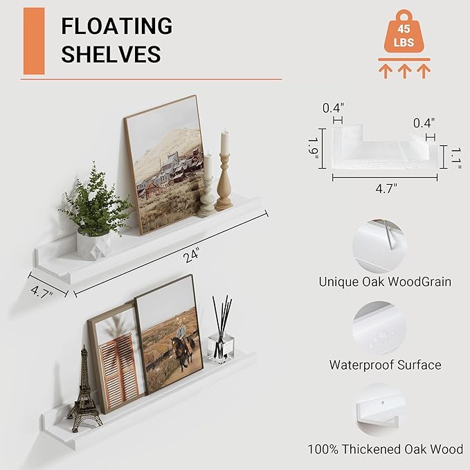 24 Inches Long Floating Shelves Wall Mounted, Picture Ledge Shelf for Wall Decor Living Room Bathroom Kitchen,2 Set Rustic White Wall Shelf for Bedroom, Nursery Book Shelf with Lip