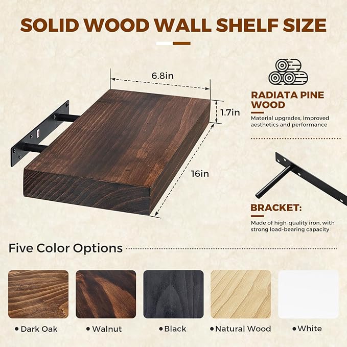Floating Wall Shelf 16x6.8x1.7 Inch – Solid Wood Shelf in Walnut Finish – Wall Mounted Rustic Display Organizer for Bathroom, Kitchen, Bedroom, Small Spaces – Set of 3