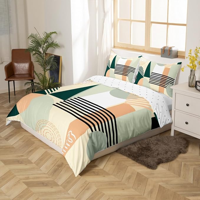 Erosebridal Green Abstract Twin Comforter Cover for Kids Teens Girls | Colorful Geometric Duvet Cover Minimalist Circle Modern Bed Set Boho Contemporary Aesthetic Bedding Set