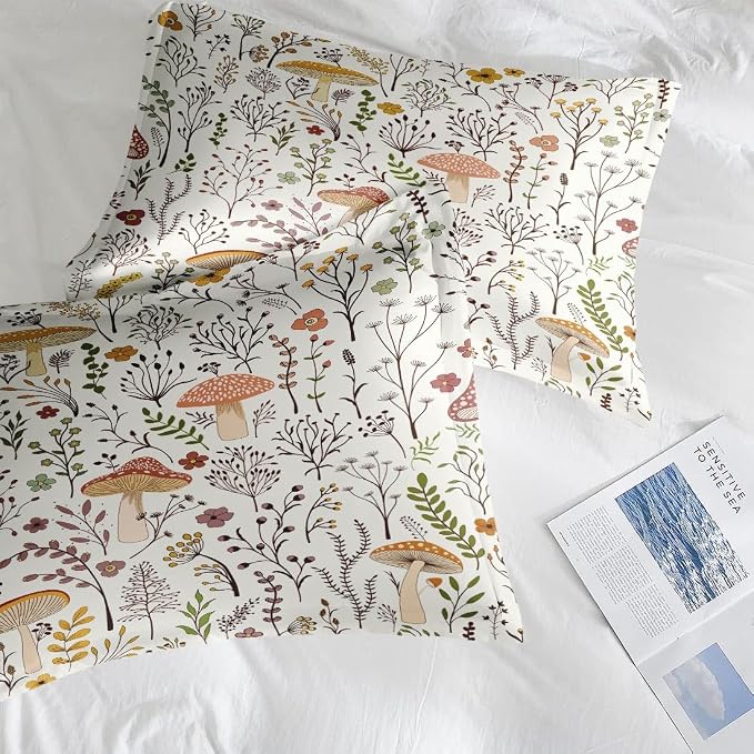 Comforter Set with Pillowcase Twin Size, Cute Beige Forest Mushroom Daisy Flower, Bed Decor Boho Wildflower Plants Botanical Floral Leaf for Kids and Adults, Soft Cozy Bedroom Bedding Set