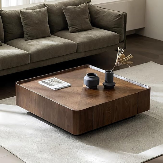 35.43" Luxury Walnut Wood Square Coffee Table with Large Hidden Storage, Expandable Tabletop Center Table for Living Room, Modern Accent Table with Drawers