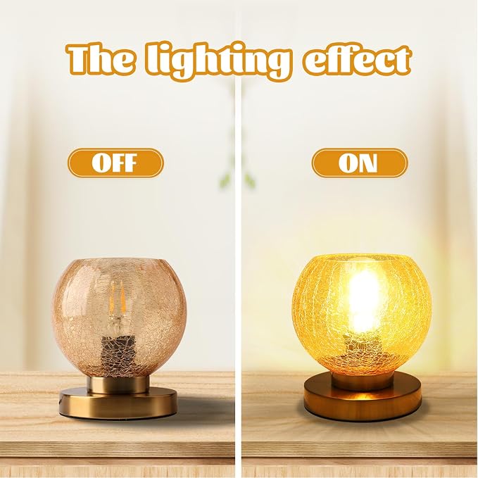 Modern Table Lamps Gold Desk lamp with Amber Crackled Glass Shade Globe Table lamp Art Deco lamp nightstand lamp Small Table lamp for Bedside Bedroom Living Room Office