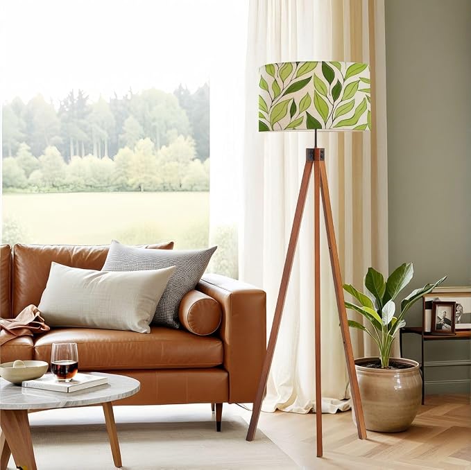 Wood Tripod Floor Lamp Green leaves seamless pattern Watercolor tea leaf textured jungle Mid Century Standing Lamp Linen Shade Dimmable Modern Tall lamp Home Decor for Living Room Bedroom Office