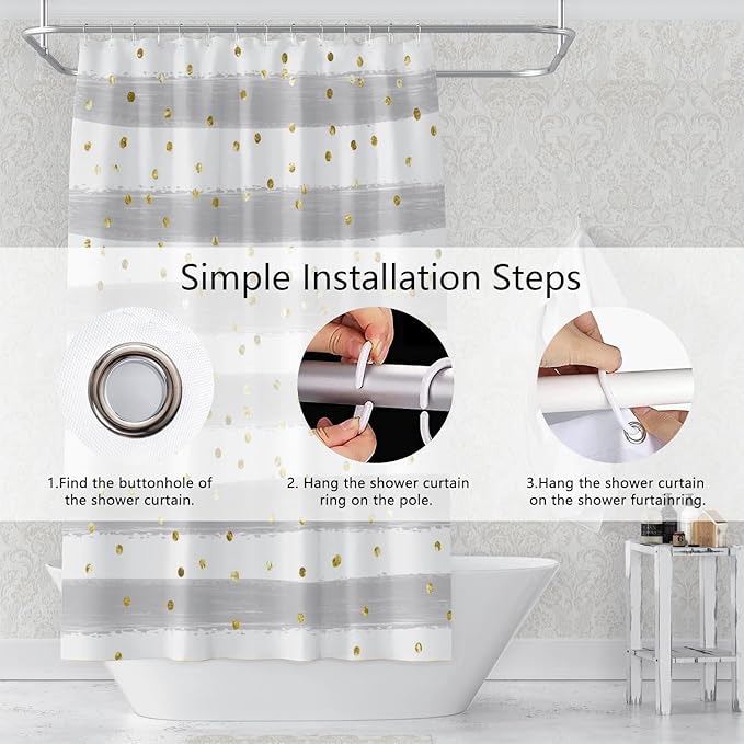 Grey and White Stripes Shower Curtain for Bathroom Abstract Lines Gold Spots Shower Curtain Waterproof Polyester Fabric Modern Art Aesthetics Home Decor Bath Curtain with Hooks, 48x72 Inch